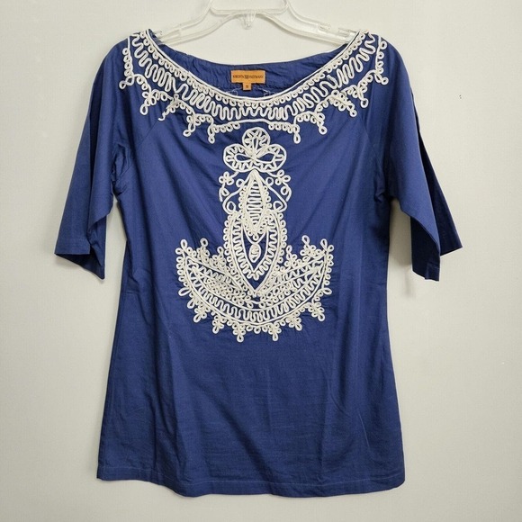 Roberta Freymann Ribbon Embroidered Pullover Tunic Top Sz S Anchor Design - Picture 1 of 10